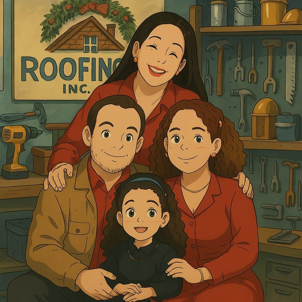 Illustration of the DAG Roofs family in their roofing workshop